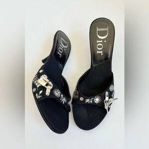 Christian Dior Retro Black Floral Sequin Koi Lock Key low heel Mules Vintage 37